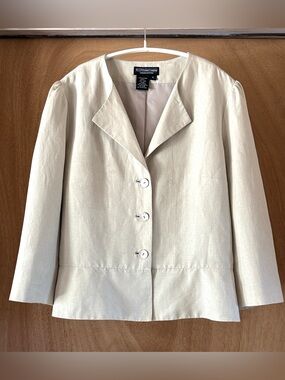 J. Peterman Silk Linen Blazer Jacket Beige Neutral Cropped 3/4 Sleeve Women’s 4